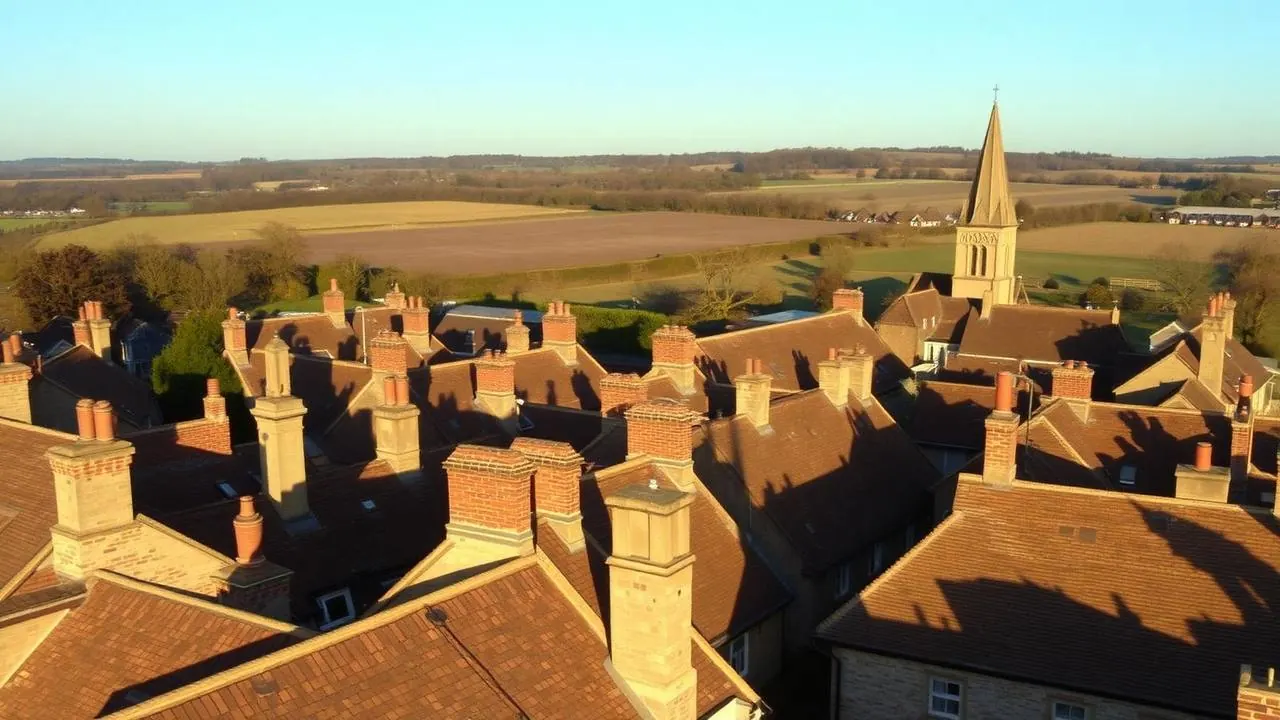 Rooftops and chimney stacks of an Oxfordshire market town with countryside beyond